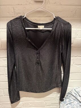 Pilcro Metallic Black Ribbed Henley Long Sleeve Top